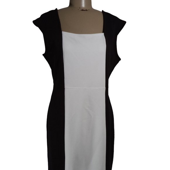 Women's Sz 10 Petite Slimming White Black Colorblock Stretch Dress Worthington - Picture 1 of 5